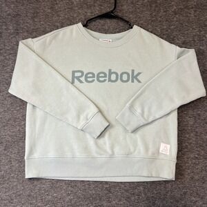 Reebok Crew Neck Sweatshirt Womens XL Green Fleece Long Sleeve Print Spellout